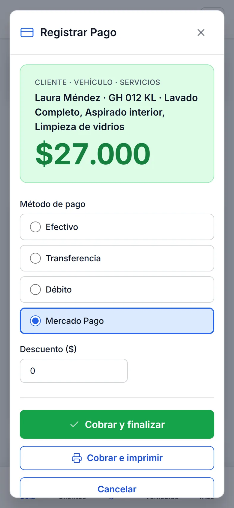Registrar pago de $27.000 con Mercado Pago en el celular
